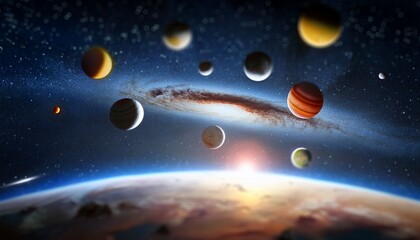 Cosmic Planetary Panorama Celestial Bodies, Galaxy, and Sunrise
