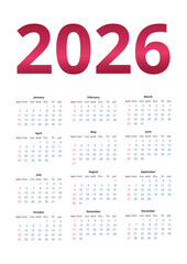 minimalist 2026 calendar template on white background with red large year numbers