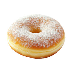 A round, glazed donut, generously coated in powdered sugar, displayed against a plain background.
