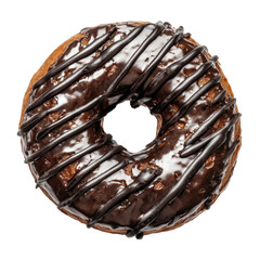 A chocolate-glazed donut, horizontally-striped with chocolate, sits centered against a blurred, multi-colored background.