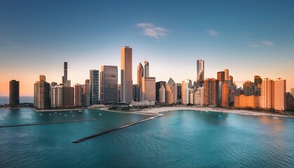 Naklejka premium Chicago Skyline Sunset Lake Michigan Cityscape, Golden Hour Skyscrapers