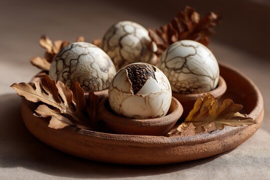 Rustic Filipino balut eggs on a clay plate, their texture beautifully illuminated by soft lighting, highlighting the unique cultural significance of this delicacy.  
