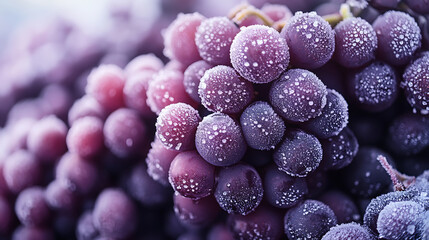 Frozen purple grape cluster covered with water droplets in close up, showing fresh and vibrant texture with cool and refreshing atmosphere
