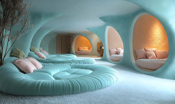 Abstract interior design featuring rounded seating