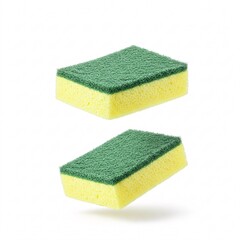 Two levitating green and yellow dishwashing sponges, isolated on a white