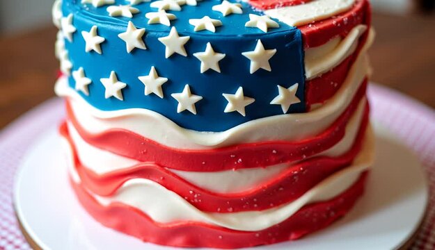 American flag cake with red white and blue icing