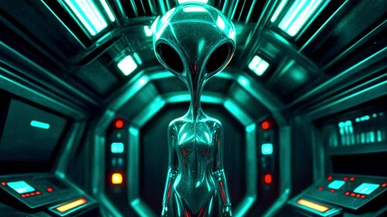 Futuristic Alien Being seamless Animation Loop: Sci-fi spaceship bridge cockpit exploring advanced space technology, 4k - Powered by Adobe