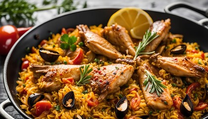 Delicious Spanish Paella with Chicken and Seafood