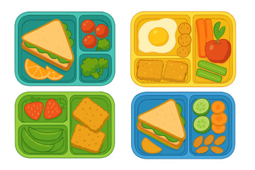 Lunch trays with healthy food options featuring sandwiches, fruits, and vegetables served at a school cafeteria during lunchtime