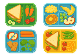 Healthy school lunch ideas featuring colorful meal trays with fresh fruits, vegetables, and sandwiches for kids