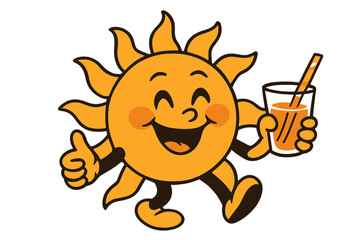 Cheerful sun character enjoying a refreshing drink in a vibrant vector flat illustration