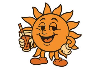 Bright and cheerful sun character enjoying a refreshing drink in a playful summer setting