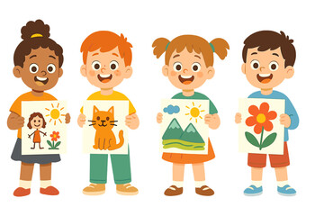 Children proudly display their colorful artwork showcasing various themes and subjects