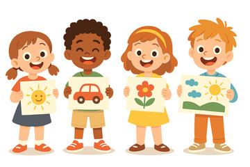 Children showcasing their artwork with drawings of sun, car, flower, and landscape in a cheerful setting