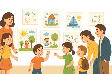 Children and adults enjoy an art exhibition featuring vibrant drawings by kids in a bright, welcoming space