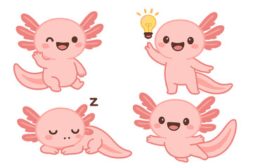 Cute vector flat illustration of four adorable axolotl characters engaging in different activities during a joyful day