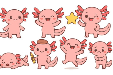 Cute axolotl characters in various playful activities illustrated in a vector flat style during daytime