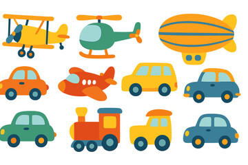 Colorful vector flat illustration of various transportation modes including cars, planes, a helicopter, and a zeppelin on a white background © icon_art