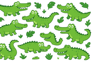 Fun and playful vector flat illustration of cartoon crocodiles in various poses among tropical leaves