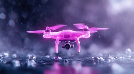 Pink drone in flight amidst rain