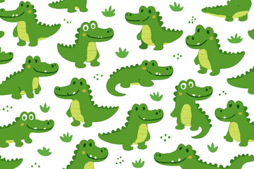 Cute green alligators in a playful pattern on a white background perfect for children's decor and textiles