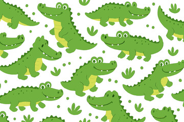 Vector flat illustration of playful cartoon crocodiles in a lively pattern surrounded by greenery