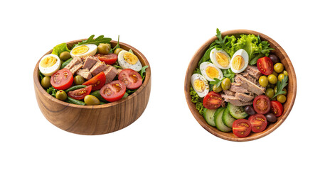 Two fresh Nicoise Salads with tuna, boiled eggs, olives, and tomatoes in a wooden bowl on a transparent background png food design top view, side view 