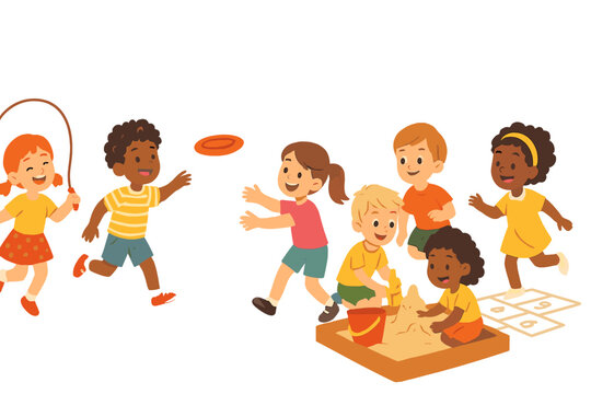 Kids playing together in a sunny outdoor playground with activities like hopscotch, jump rope, and frisbee during the day