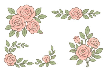 Floral elements with pink roses and green leaves for decorative design projects in vector style