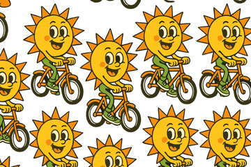 Cheerful sun character riding a bicycle surrounded by vibrant suns in a playful flat illustration
