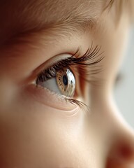 Fototapeta premium Close-up of a child’s eye with long eyelashes and bright expression. Natural lighting, white background.