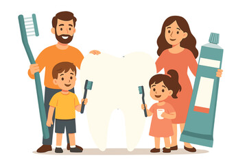 Obraz premium Family engages in dental care education with oversized tooth in bright vector illustration