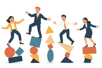 Obraz premium Business team balancing on geometric shapes during a playful office activity in a modern workspace setting