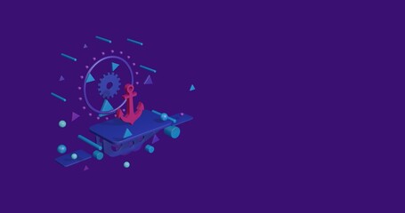 Naklejka premium Pink sea anchor symbol on a pedestal of abstract geometric shapes floating in the air. Abstract concept art with flying shapes on the left. 3d illustration on deep purple background