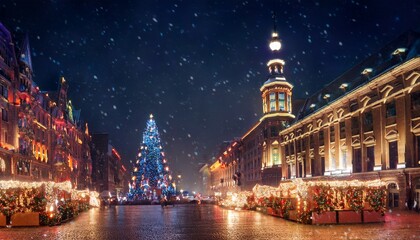 Obraz premium Snowy Night Christmas Market Festive Town Square Illuminated Buildings