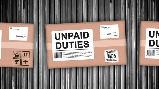 Looping animation of packages labeled &ldquo;UNPAID DUTIES&rdquo; moving along a conveyor belt, returned to sender due to unpaid customs or import fees.  	