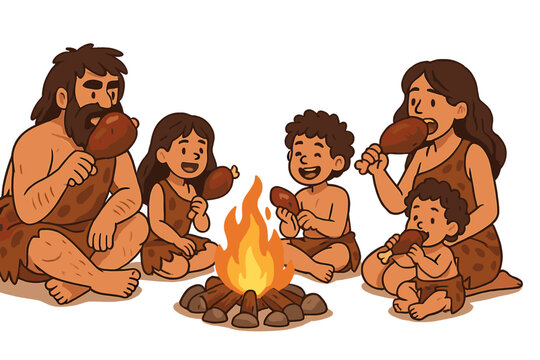 Family gathering around a fire enjoying a meal in a prehistoric setting