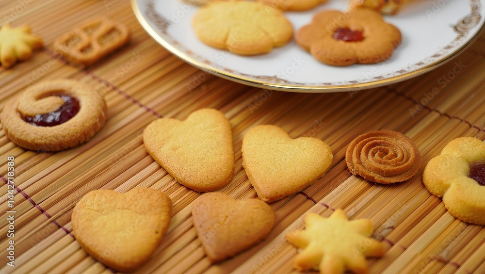 Aufkleber a plate of cookies with heart shapes on them, some with stars and one with a crescent moon.