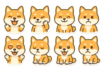 Cute shiba inu dog sticker set featuring various playful and emotional expressions in a flat vector design style
