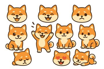 Colorful vector flat illustration of cheerful shiba inu dogs in various expressions for fun and playful design elements
