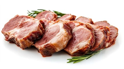 Raw meat slices with rosemary sprig on white background.