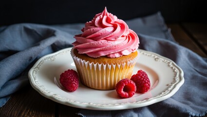 A cupcake on a plate with raspberries and frosting.