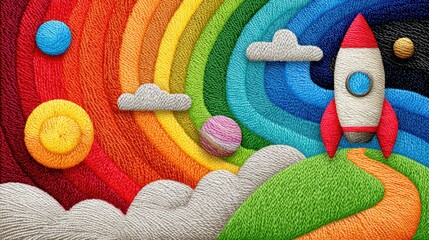 Colorful Textured Rainbow with Rocket Ship and Clouds Sun in a Whimsical Landscape