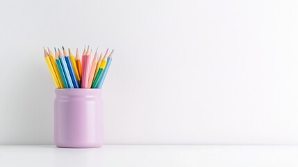 A colorful assortment of pencils in a pastel pink holder on a minimalist white desk, bright and vibrant stationery, and clean and simple composition.