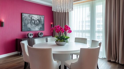 Chic dining room with white round table, plush chairs, orchid centerpiece, pink walls, and modern chandelier.