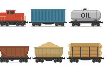 Freight train cars transporting oil, timber, and sand across a railway in a flat vector illustration style