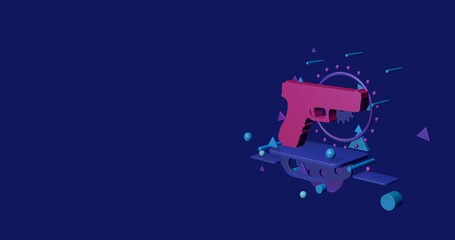 Pink gun symbol on a pedestal of abstract geometric shapes floating in the air. Abstract concept art with flying shapes on the right. 3d illustration on indigo background