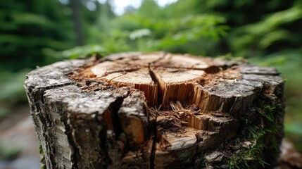 Fototapeta premium Tree stump illustrating the impact of human activity on forests concept. Close-up view of a tree stump in a lush green forest setting.