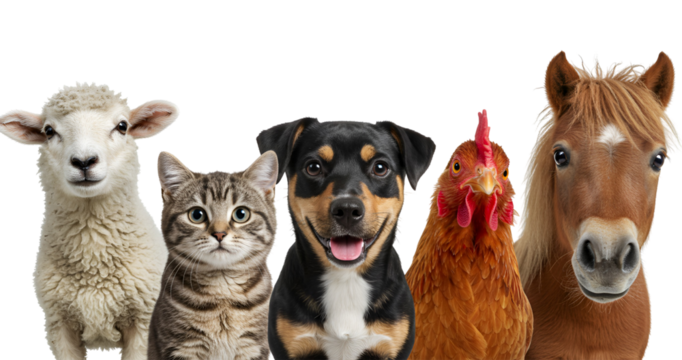 Farm animal faces portrait including a sheep, cat, dog, chicken, and horse in a diverse group against a white background.