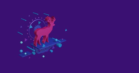 Pink deer symbol on a pedestal of abstract geometric shapes floating in the air. Abstract concept art with flying shapes on the left. 3d illustration on deep purple background
